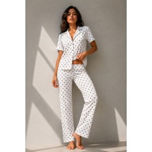 Kadın Klasik Doğal Düğme Gece Kar Beyaz Pijama Takımı