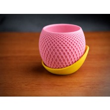 Bin1çeşit 3D Baskı Küre Saksı - Kafes Dokulu Iki Parçalı Dekoratif Saksı - Pembe-Sarı