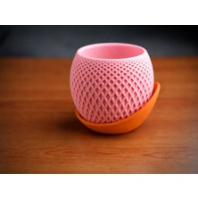 Bin1çeşit 3D Baskı Küre Saksı - Kafes Dokulu Iki Parçalı Dekoratif Saksı - Pembe-Turuncu