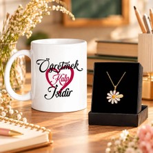 Bk Gift Öğretmek Kalp Işidir Tasarımlı Öğretmenler Günü Kupası ve Isimli Papatya Kolye Seti