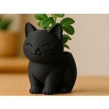 Bin1çeşit 3D Baskı Sevimli Kedi Saksı - Figürlü Sukulent Saksısı-Siyah