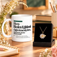 Bk Gift Ben Beden Eğitimi Öğretmeniyim Tasarımlı Kupa ve Kişiye Özel Isimli Papatya Kolye Seti