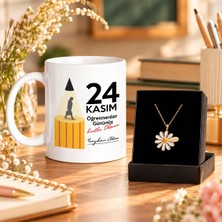 Bk Gift Kişiye Özel 24 Kasım Kalem Figürlü Öğretmenler Günü Kupası ve Isimli Papatya Kolye Seti