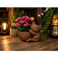 Bin1çeşit 3D Baskı Sarılan Kedi Saksı - Sevimli Dekoratif Saksı - Kahverengi