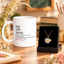Bk Gift Kişiye Özel Öğretmen Sözlük Tanımı Tasarımlı Kupa ve Lazer Isimli Papatya Kolye Hediye Seti