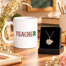 Bk Gift Kişiye Özel Renkli Teacher Tasarımlı Kupa ve Isimli Papatya Kolye Seti
