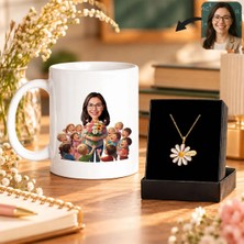 Bk Gift Kişiye Özel Kadın Öğretmen Karikatürlü Kupa ve Isimli Papatya Kolye Seti-1