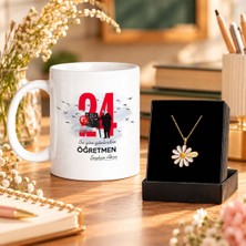 Bk Gift Kişiye Özel 24 Kasım Atatürk Desenli Öğretmenler Günü Kupası ve Isimli Papatya Kolye Seti