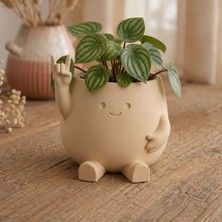 Bin1çeşit 3D Baskı Smiley Face Planter - Gülümseyen Karakterli Saksı-Bej