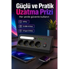 Robeve Blic Bps5 Akım Korumalı Priz 4 Topraklı Priz ve 6 USB Girişli 3 Usb-A 3 Type-C 2200W Aşırı Yük Korumalı 1050J LED Işıklı Usb'li Grup Priz Ev Ofis Kamp Karavan Çalışma Alanı