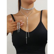 Mupte Jewelry 6 Sıralı Tasmalı Gerdanlık Şık Zirkon Taşlı Su Yolu Silver Kolye Küpe Set