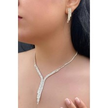 Mupte Jewelry Gümüş Renk Abiye Kolye Küpe Seti, Düğün Kına Nişan Gelin Seti