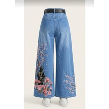 Semesia Sakura Çiçeği Nakışlı Wideleg Retro Jeans