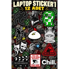 Cakaybu 12 Adet Laptop Sticker Seti – Siyah Beyaz Kedi, Sinema ve Mizahi Yazılı Etiket