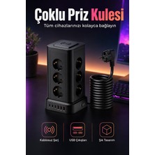 Robeve Blic Bps1 Kule Priz 12 Priz 3 USB 3 Type C ve Kablosuz Şarj Alanlı Akım Korumalı 2200W 1050J 2 Metre Kablolu Anahtarlı Masaüstü Çoklu Grup Priz Kulesi Ev, Ofis ve Çalışma Masası Için