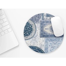 Riyaz Mavi Etnik Halı | Yuvarlak Kauçuk Taban Mousepad, Mouse Pad, Çap: 20 cm