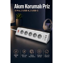 Robeve Fulltech FTR26 Akım Korumalı Priz 5 Topraklı Priz 2 Usb-A ve 2 Type-C Çıkışlı LED Gece Işıklı 2 Metre Kablolu Çoklu Grup Priz 3680W 1050J Koruma Ev Ofis Masa ve Yatak Başı Şarj Alanı Için
