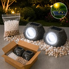Trendexa 2 Adet Solar Kaya Görünümlü LED Bahçe Lambası, IP44, Beyaz Dolomit Taşı ve Deniz Kabuğu Hediyeli