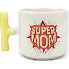 Mor Mürekkep Süper Mom Baskılı Sarı Kulplu T Kupa - Anneye Hediye Bardak Fincan Mug