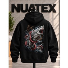 Nuatex Sırt Shark Baskılı 3 Iplik Şardonlu Regular Kalıp Kapüşonlu Kanguru Cepli Sweatshirt