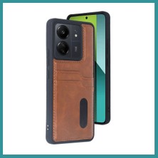 Bt Teknik Redmi 13C Uyumlu Kılıf Sara Kartvizitli Deri Kılıf - Taba Bez