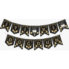 Arya Flowers Garden 3 Paket Zikzak Banner Ofset Siyah Gold Iyi Ki Doğdun - Doğum Günü Süsü