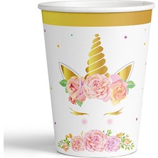 Arya Flowers Garden 2 Paket 8'li Karton Bardak Gold Yaldızlı Çiçekli Unicorn - Parti Bardağı