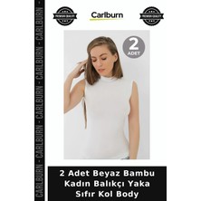 Carlburn Özel Üretim 2 Adet Beyaz Bambu Kadın Balıkçı Yaka Sıfır Kol Body Kumaş Boğazlı Dokuma