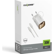 Realpower 30W Gan Usb-C Pd ve Type-C To Type-C Kablo - Hızlı Şarj Cep Telefonu Adaptörü Şarj Aleti