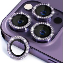 Happy Trend Iphone 14 Pro / 14 Pro Max Ile Uyumlu Yüksek Kalite Parlak Elmas Desenli Taşlı Derin Mor Özel Tasarım Kamera Lens Koruyucu Idb-91