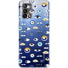 Happy Trend Oppo A74 4g ile Uyumlu Nazar Boncuğu 2 Baskılı Kamera Korumalı Şeffaf Silikon Kılıf