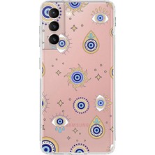 Happy Trend Samsung Galaxy S21 Fe ile Uyumlu Nazar Boncuğu 5 Kamera Korumalı Şeffaf Silikon Kılıf