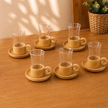 Milas Toptan mt 12 Parça Çay Seti - Bambu Bardak Altığı - Çift Cidarlı Cam - 150 ml