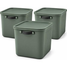 Suwors 23 Lt Kapaklı 3 Adet Zeytin Yeşili Organizer Kutu – Yan Kulplu Büyük Boy Plastik Saklama ve Depolama Kutusu – Çok Amaçlı Düzenleyici Kutu – Dolap, Banyo, Ofis ve Oyuncak Düzeni Için (40X30X25CM)