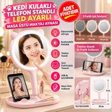 Milas Toptan Milas Kedi Kulaklı Telefon Standlı Yuvarlak Dokunmatik LED Ayarlı Masa Üstü Makyaj Aynası(Adet Fiyatıdır)