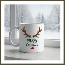 Northcity Merry Christmas Yazılı Geyik Boynuzlu Yılbaşı Kupası Model 212 Baskılı Seramik Kahve Kupası Bx
