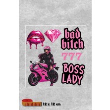 Yalıgraf Pembe Motorcu Kadın Temalı Sticker Seti - Boss Lady & Bad Öpücük Pırlanta Motorsiklet Kask ve Araba Çıkartması Laptop Macbook Sticker Pembe