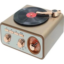 Uravas Store Uraselect Metalik Nostaljik Tasarım Plak Çalar Görünümlü Radyolu Bluetooth Hoparlör Retro Müzik Plak