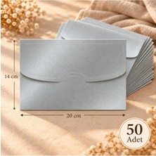 Davetiye Plaza 50 Adet Premium 14X20 cm Gofre Desenli Lüks 300 gr Metalik Gümüş Renk Davetiye Zarfı