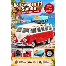Toyfest Volkswagen T1 Samba 1:25 Diecast Kırmızı Beyaz Tavan Bagajlı Model Minibüs 17 cm