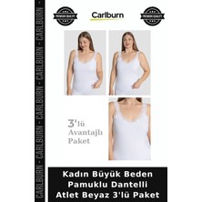 Carlburn Kadın Büyük Beden Pamuklu Dantelli Atlet Beyaz 3'lü Paket Ev Giyimi Günlük Çamaşır Nefes Alan