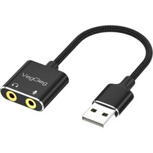 USB Ses Kartı, 3.5 mm Kulaklık ve Mikrofon Girişli, Siyah
