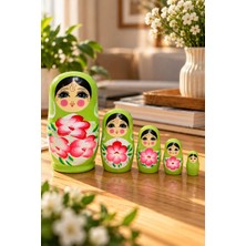 Uravas Store Uraselect 5’li Matruşka Bebek Seti El Boyaması Çiçek Desenli Dekoratif Ahşap Rus Bebekleri 12 cm Yeşil