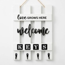 Beyaz Ahşap Duvar Anahtarlığı, 4 Kancalı, Love Grows Here Welcome Yazılı