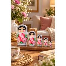 Uravas Store Uraselect 5’li Matruşka Bebek Seti El Boyaması Çiçek Desenli Dekoratif Ahşap Rus Bebekleri 12 cm Gri