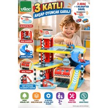 Toyfest Vilac Ahşap 3 Katlı Oyuncak Garaj Asansörlü Rampalı Oto Yıkamalı 2 Araçlı Helikopterli