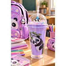 Uravas Store Uraselect Panda Desenli Pipetli Suluk 22 cm – Renkli Boncuklu Kubbe Kapaklı Matara – Okul ve Piknik Için Mor