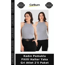 Carlburn Kadın Pamuklu Fitilli Halter Yaka Gri Atlet 2'li Paket Kombin Parçası Günlük Giyim Temel Giysi
