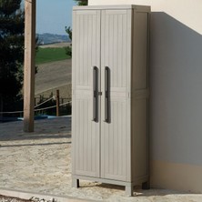 Enlis Uzun Bölmeli Plastik Depo Dolabı Taş Gri 2 Kapılı 4 Raflı Yüksek Ayaklı Balkon Garaj Dolabı 173CM