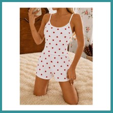 Bt Teknik Kadın Beyaz Kalp Desenli Yumuşak Askılı Şortlu Pijama Takımı 5263 · Beden: S/m · Renk: Beyaz Bez